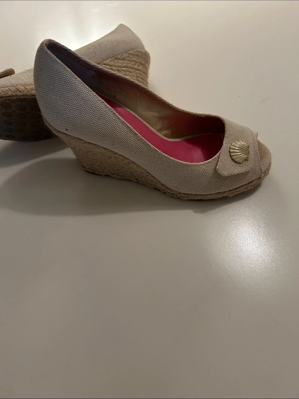 Lilly Pulitzer Beige Canvas Shell-Embellished Flats with Pink Insole